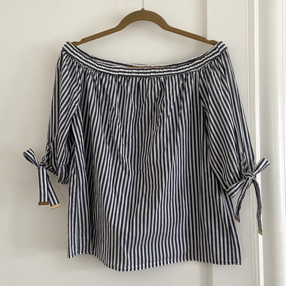 SOLD by Michael Kors Blue & White Stripe Off Shoulder Top Size M